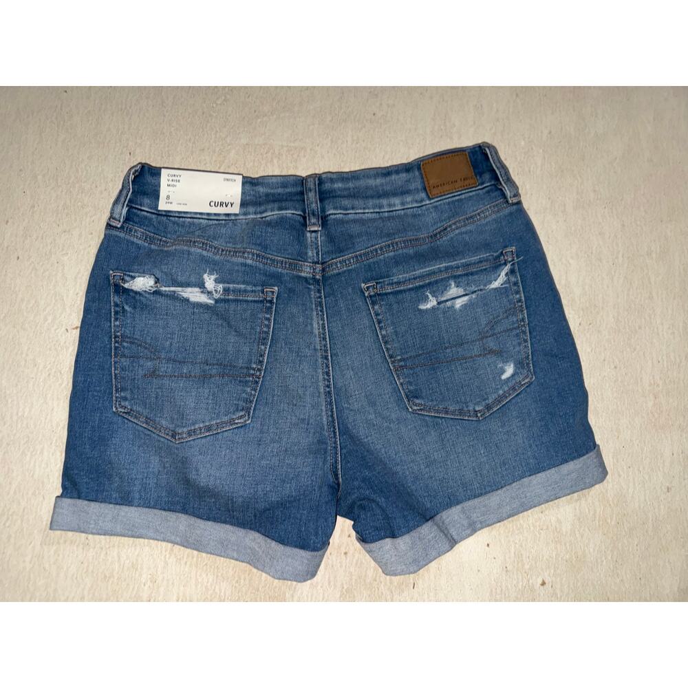 American Eagle women’s new stretch curvy v-rise midi blue jeans shorts - Picture 15 of 16
